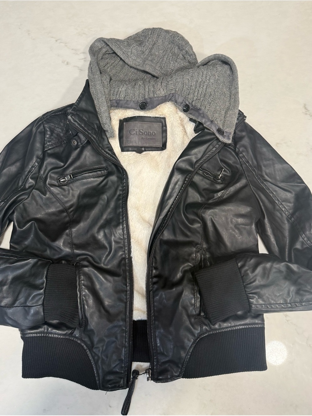 Ci Sono Black Faux Leather Bomber Jacket with Gray Hood and Cream Sherpa